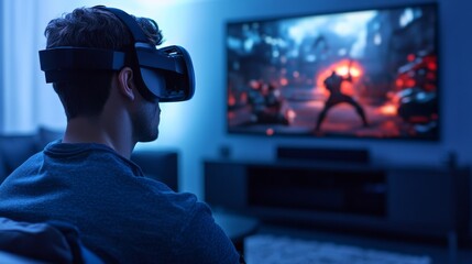 Man in VR Headset Gaming at Home, virtual reality , metaverse