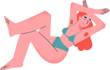 A woman in a bikini lies on her back