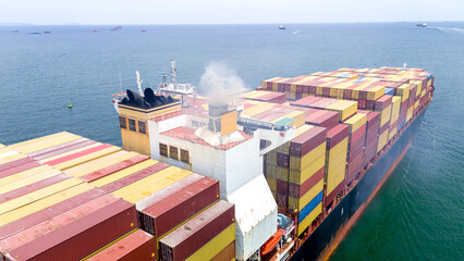 Smoke exhaust gas emissions carbon dioxide from cargo lagre ship container ship,Marine diesel engine exhaust gas from combustion, Gas Emission Air Pollution from transportation. green house effect © Yellow Boat