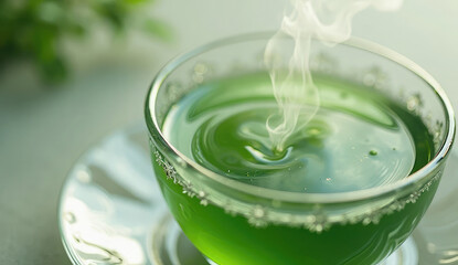 Steaming Green Tea in Delicate Glass Cup