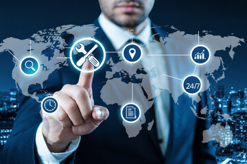 Global business solutions and support worldwide services maintenance and analytics network concept