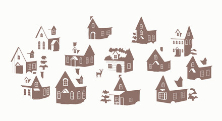 Fototapeta premium Simple, stylized silhouettes of snow-covered houses and trees in a winter village scene.