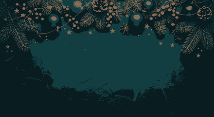 Elegant Christmas frame with pine branches, lights, and glitter.