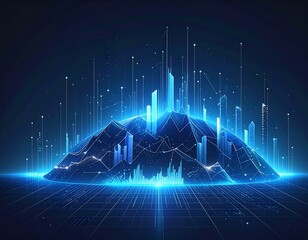 Futuristic digital landscape of a mountain range made of glowing data streams, symbolizing network connections and technological growth