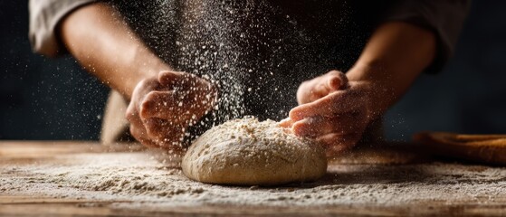 The dough being shaped and dusted by an artisan baker on wooden surface