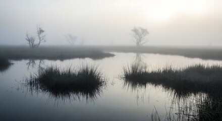 Misty sunrise over a tranquil wetland with silhouetted trees and reeds reflecting in the calm water