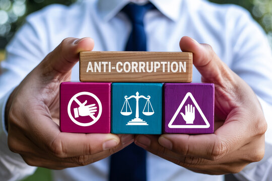 Anti corruption concept with wooden blocks in hands for transparency and ethical governance promotion
