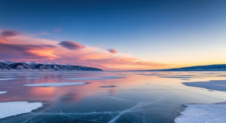 Vibrant sunset reflects on frozen lake with dramatic clouds and distant mountains