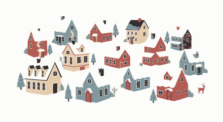 Illustration depicts a collection of stylized houses covered in snow, creating a winter village scene.
