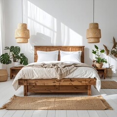 Wooden bed, white walls, natural light, woven decor