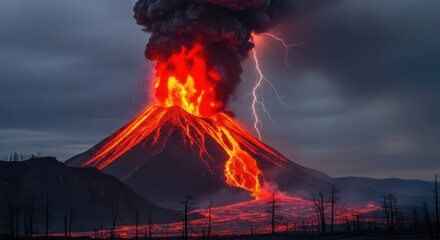 Fiery volcano eruption with lightning strikes illuminating molten lava flow at dusk