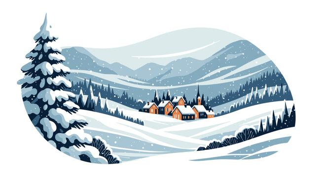 Winter wonderland landscape, snow-covered village nestled in a valley, with mountains and trees.