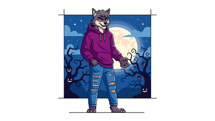 Wolf in urban style in the moonlight: A stylized depiction of a wolf wearing a hoodie and jeans, standing confidently against a backdrop of a full moon and spooky trees.