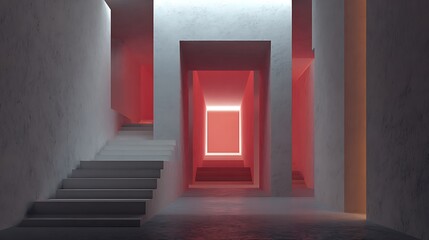 Fototapeta premium Modern staircase leading to a bright red illuminated corridor