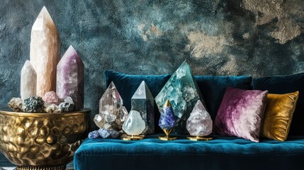 Use healing crystals in home decor with a touch of luxury: soft velvet cushions, brass accents, and polished gemstones