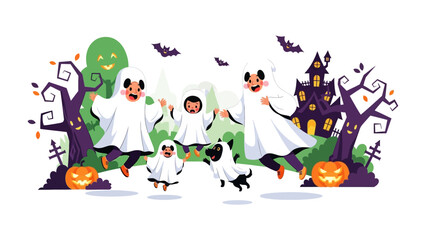 Happy Halloween Celebration: Illustration featuring a happy family dressed as ghosts enjoying a cheerful Halloween celebration. The scene is adorned with spooky decorations such as pumpkins.