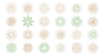 Collection of stylized sunburst designs in various colors and patterns, arranged on a white background.