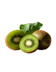 Two whole kiwis and one halved kiwi, showcasing their vibrant green flesh and tiny black seeds, rest beside a lush green leaf against a stark black background