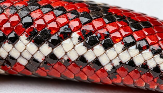 Close-up of a milk snake's skin showing its pattern of red, black, and white scales. - Powered by Adobe