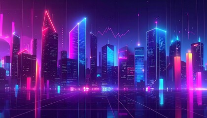 Futuristic cityscape bathed in neon light, skyscrapers and data visualizations, grid lines on the ground