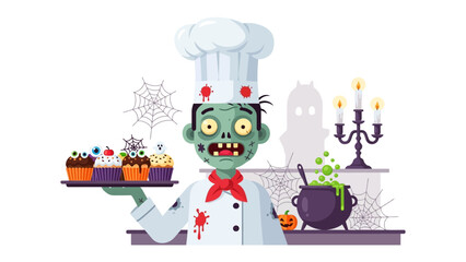 Zombie Chef's Spooky Treats: A ghoulish zombie chef presents a platter of Halloween-themed cupcakes, set against a backdrop of eerie decor that sparks a sense of delightful dread.
