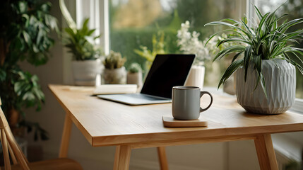 Home Office Desk with Laptop and Plants, Cozy Workspace with Natural Light, Modern Home Office Setup with Wooden Desk and Greenery, Calm and Productive Environment for Remote Work with Plants