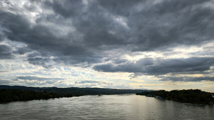 Fototapeta premium landscape by the Danube river in Novi Sad in autumn, with stormy clouds