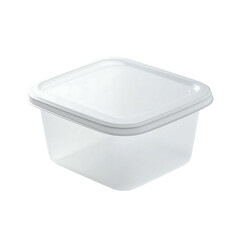 A small, square, clear plastic food container with a matching opaque white lid