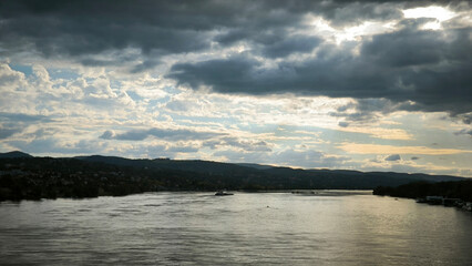 landscape by the Danube river in Novi Sad in autumn, with stormy clouds