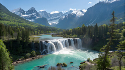 Fototapeta premium Aerial view of turquoise river and cascading waterfalls surrounded by green forest and mountains