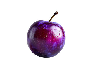 A single, dark purple plum with a reddish hue, glistening with moisture, sits against a black background, showcasing its smooth skin and subtle stem