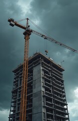 Tall yellow tower crane over multi-story building construction site against dramatic stormy sky. High rise steel frame house machine. Modern technology skyscraper equipment growth.