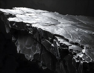 Dark, fractured, floating slab of stone