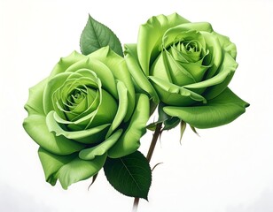 Two vibrant, lime-green roses with lush petals and leaves, set against a plain white background