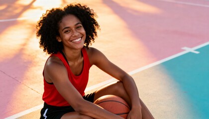 Young african american woman with basketball on court smiling at camera