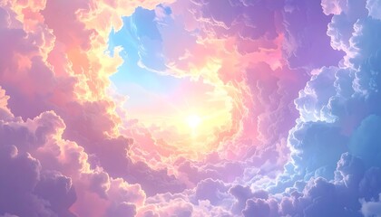 A vibrant, pastel-hued sky filled with fluffy clouds, swirling around a bright golden sun