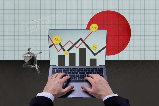 Collage depicting nft trading success and digital freelance income in a modern economic business online concept