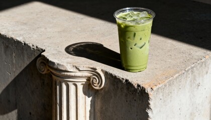 Iced matcha latte with ice in a clear plastic cup on a stone ledge with sunlight and shadow