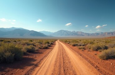 Dirt road winding to mountains. Reddish-brown road color contrasts blue sky. Distant mountains vary in altitude shape, rise left side. Roadside perspective offers panoramic rugged landscape view.