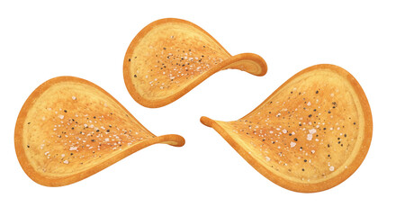 Isolated potato chips, crispy thin and golden, seasoned with salt and pepper, ready to eat