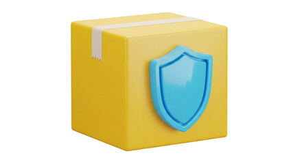 Isolated yellow parcel with blue shield, secured delivery, safe and protected package shipment