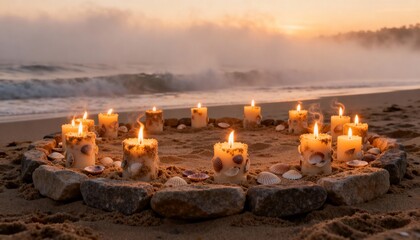 Candles arranged in a circle on a sandy beach at sunrise with gentle waves in the background