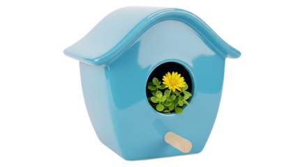 Isolated birdhouse with flower, light blue, cozy, charming, whimsical, spring is here