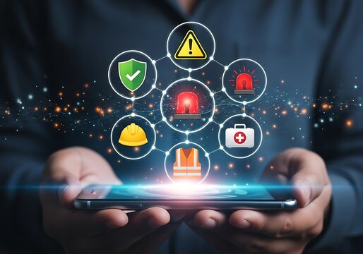 Person holding a smartphone displaying safety icons and symbols