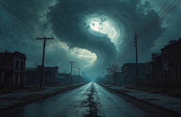 Obraz na płótnie Canvas Surreal eerie desolate wet street photo. Ominous cloudscape nightmare. Abandoned decay dramatic urban scene. Broken buildings, haunting feeling, sorrowful moody emotion. Gothic metal album cover
