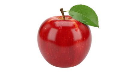 Isolated red apple with leaf and water drops, fresh fruit rich in vitamins, healthy snack
