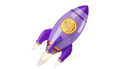 Isolated, conceptual image of a Bitcoin rocket ship launching into the future market