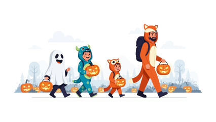 Happy Halloween Costume Parade: A group of children in fun costumes and a adult embrace the spirit of Halloween as they parade, capturing the joyful energy.
