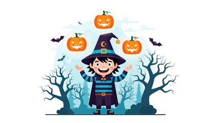 Halloween Magician: A joyful young magician, in full costume, performs a spell with three glowing pumpkins and bats. A whimsical Halloween illustration. 