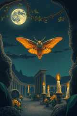 A humming moth glowing among candlelight blooms